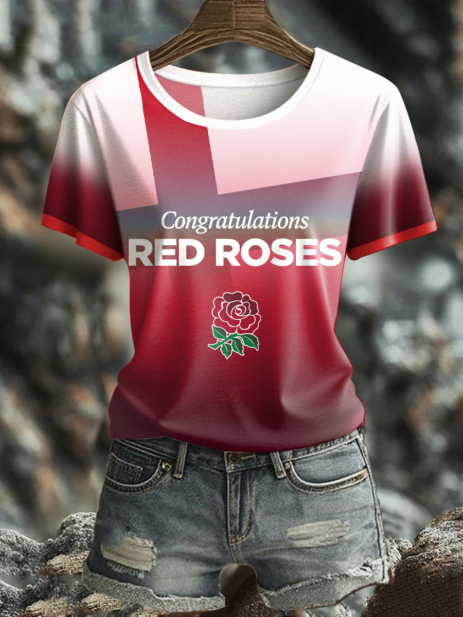 Women's England Rugby Lover Roses Printed T-Shirt
