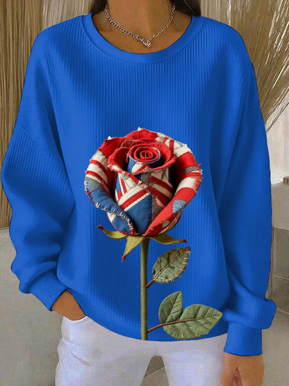 Women's British Rose Printed Ribbed Round-Neck Sweatshirt