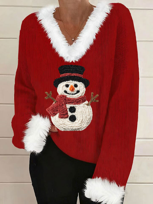Women's Christmas Snowman Fur Collar Casual Top