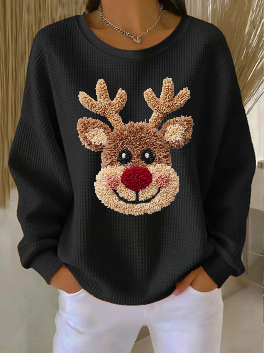 Women's Christmas Reindeer Waffle Print Casual Top