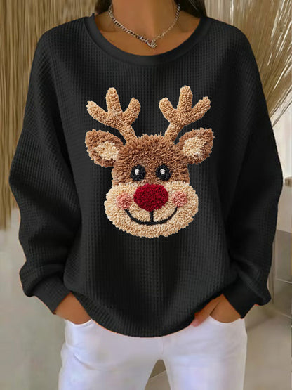 Women's Christmas Reindeer Waffle Print Casual Top