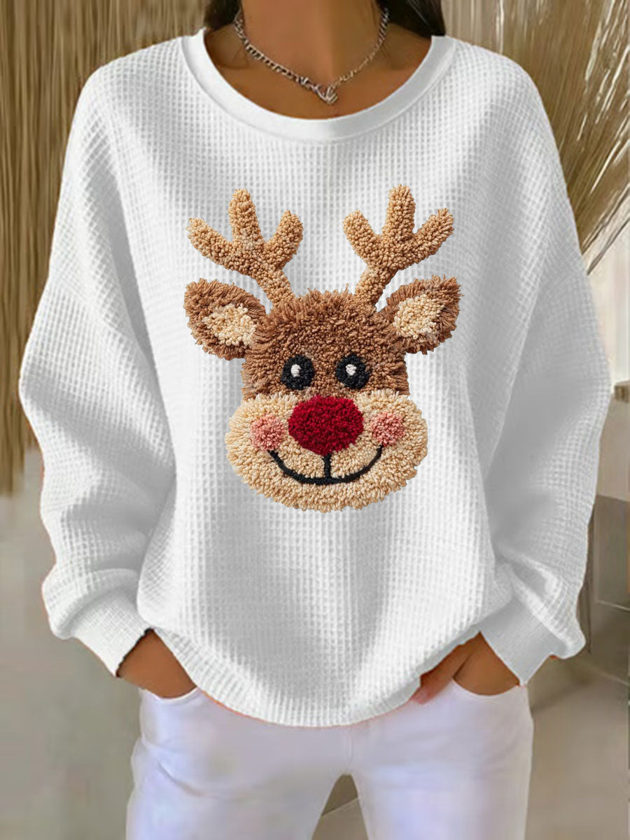 Women's Christmas Reindeer Waffle Print Casual Top