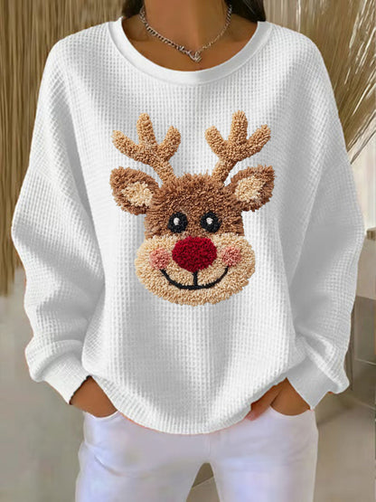 Women's Christmas Reindeer Waffle Print Casual Top