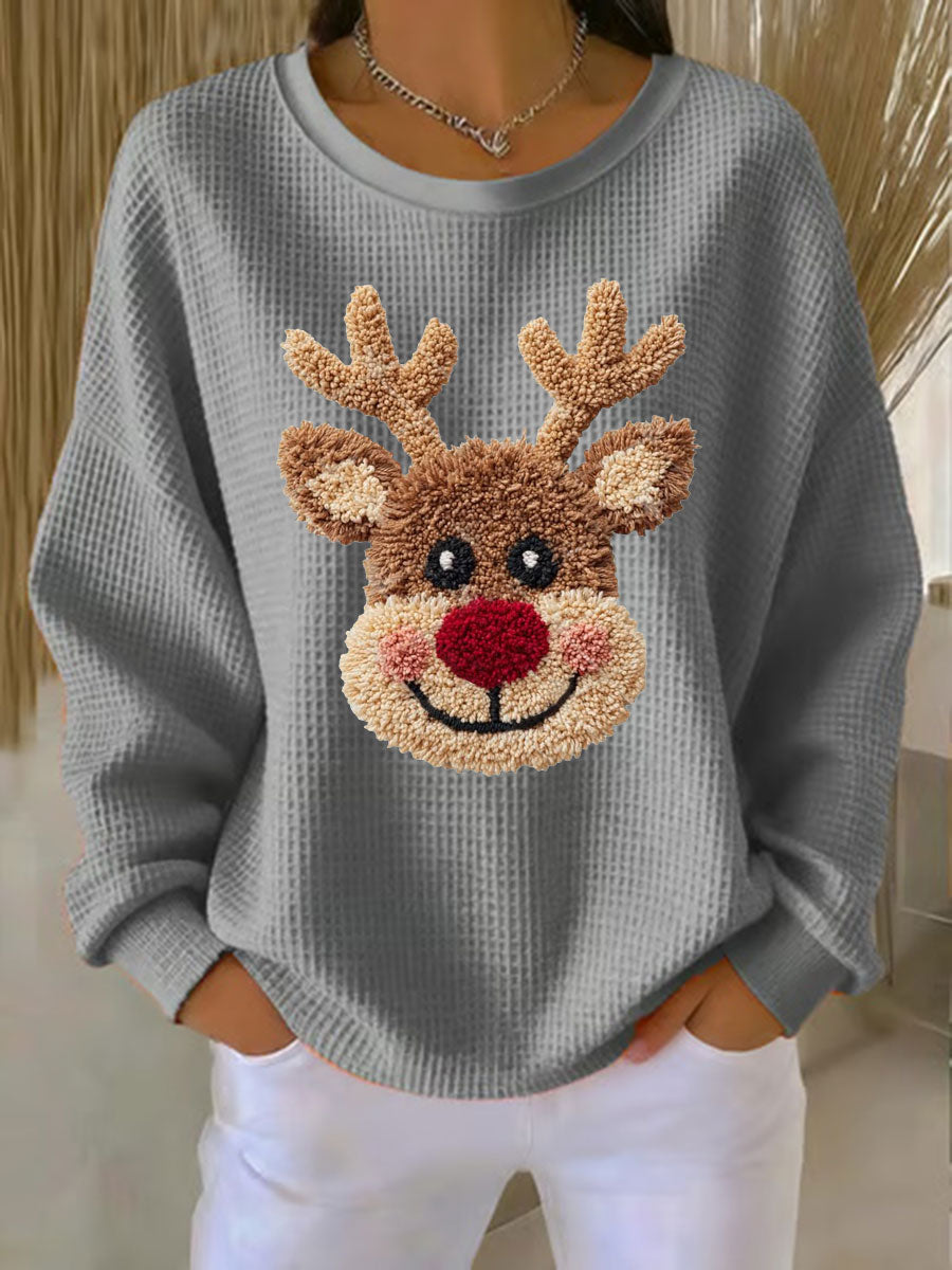 Women's Christmas Reindeer Waffle Print Casual Top