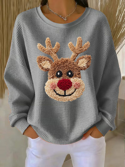 Women's Christmas Reindeer Waffle Print Casual Top