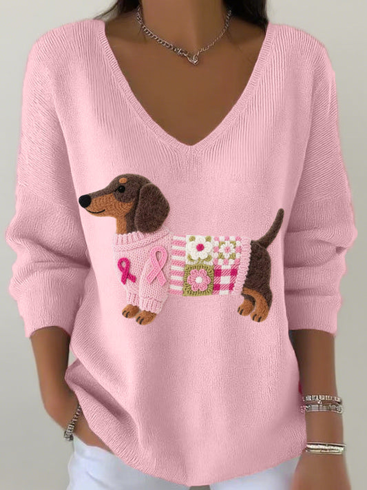 Women's Felt Art Dachshund Pattern V-Neck Ribbed Top