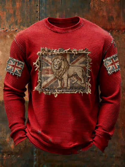 Men's Vintage England Flag Lion Printed Waffle Long Sleeve T-Shirt