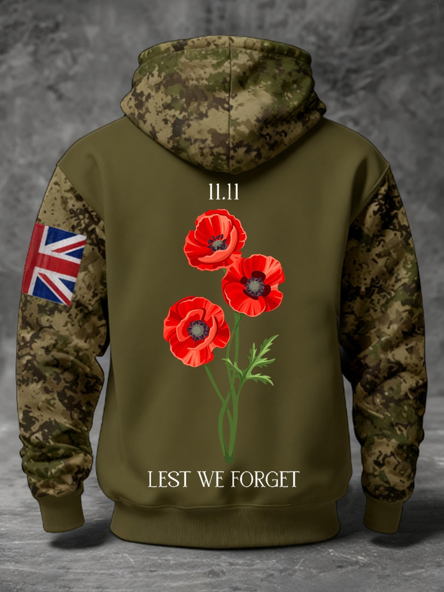 Men's 11th November Remembrance Day LEST WE'S FORGET Poppy Remembrance Hoodie