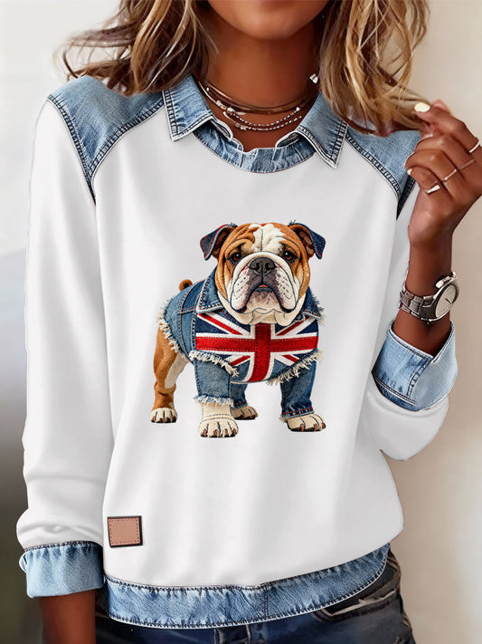 Women's British Style Bulldog Labrador Print Casual Top