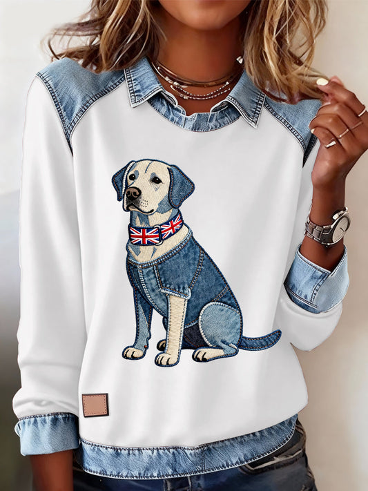 Women's British Style Labrador Labrador Print Casual Top