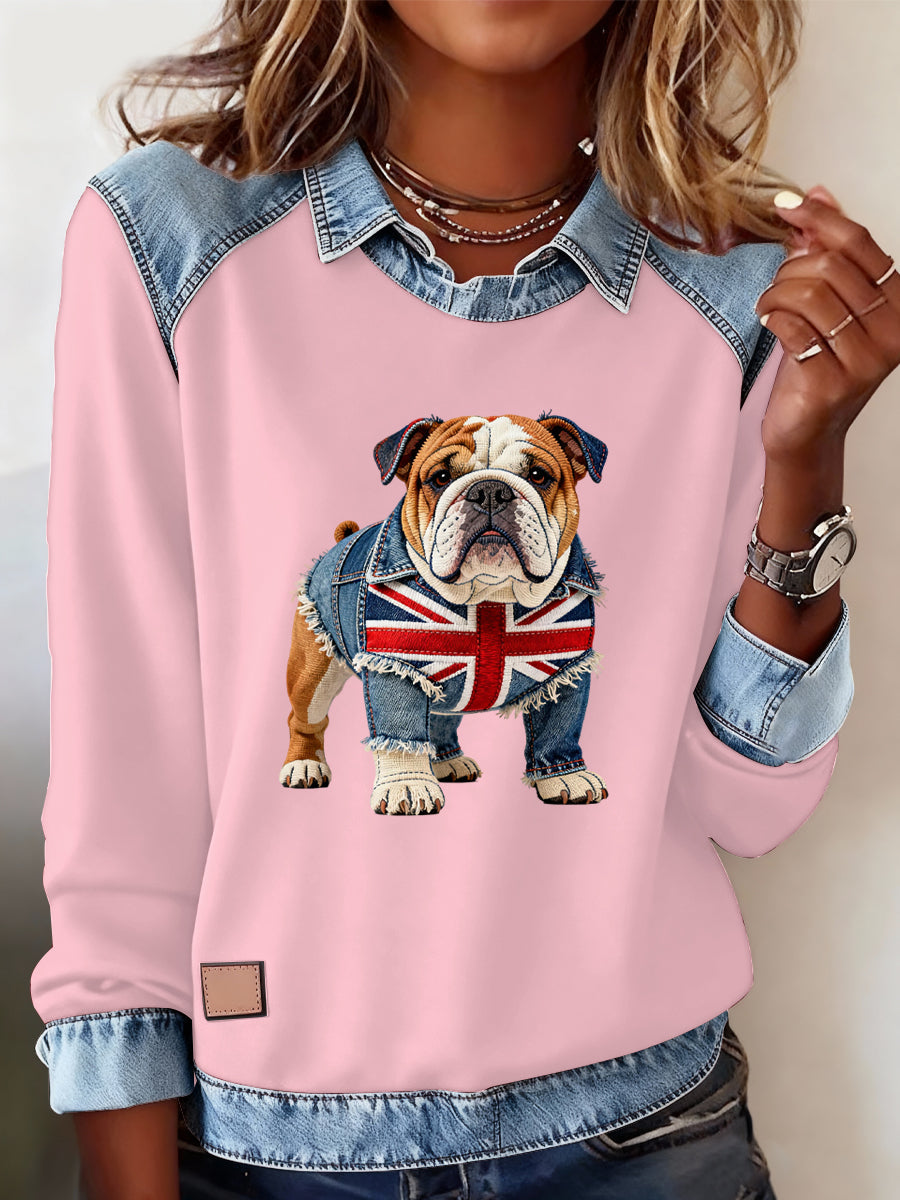 Women's British Style Bulldog Labrador Print Casual Top