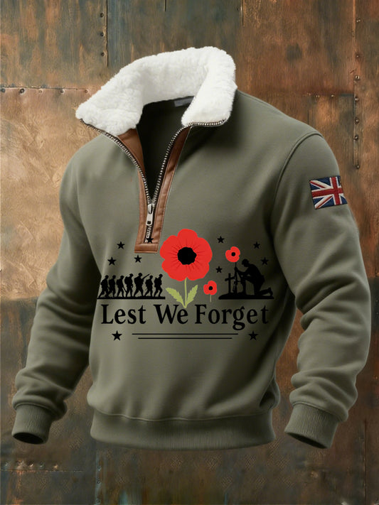 Men's Memorial Day "Forget Me Not" Poppy Fur Collar Sweatshirt