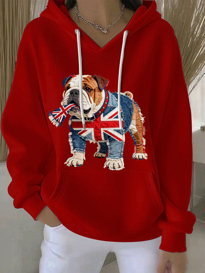 Women's British Style Bulldog Print Casual Hoodie