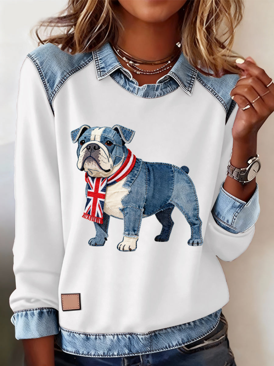 Women's British Style Bulldog Print Casual Top