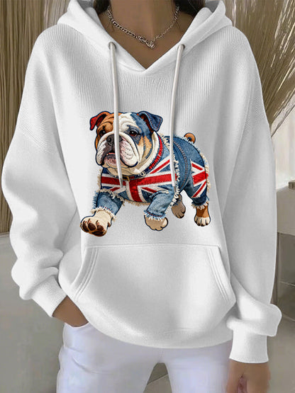Women's British Style Bulldog Print Casual Hoodie