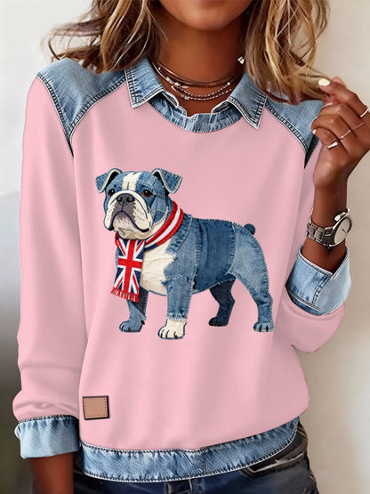 Women's British Style Bulldog Print Casual Top