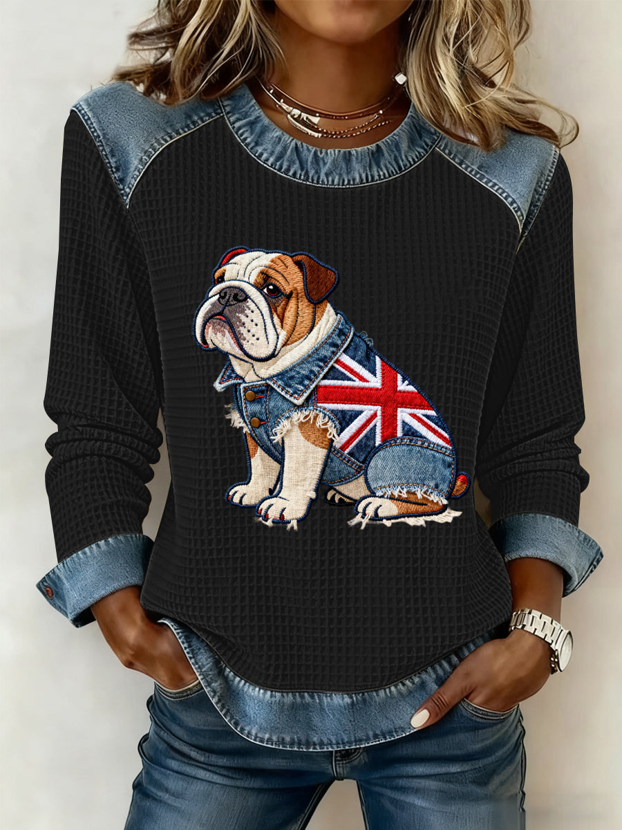 Women's British Style Bulldog Flowers Print Waffle Sweatshirt