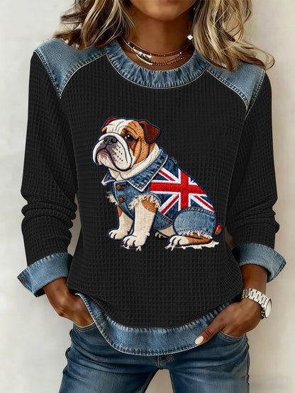 Women's British Style Bulldog Flowers Print Waffle Sweatshirt