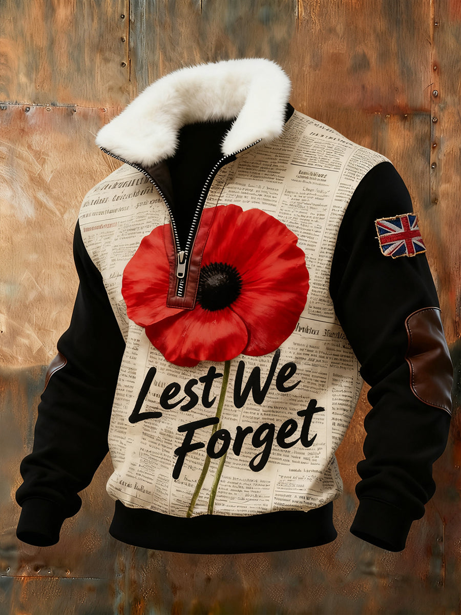 Men's Memorial Day "Forget Me Not" Poppy Fur Collar Sweatshirt