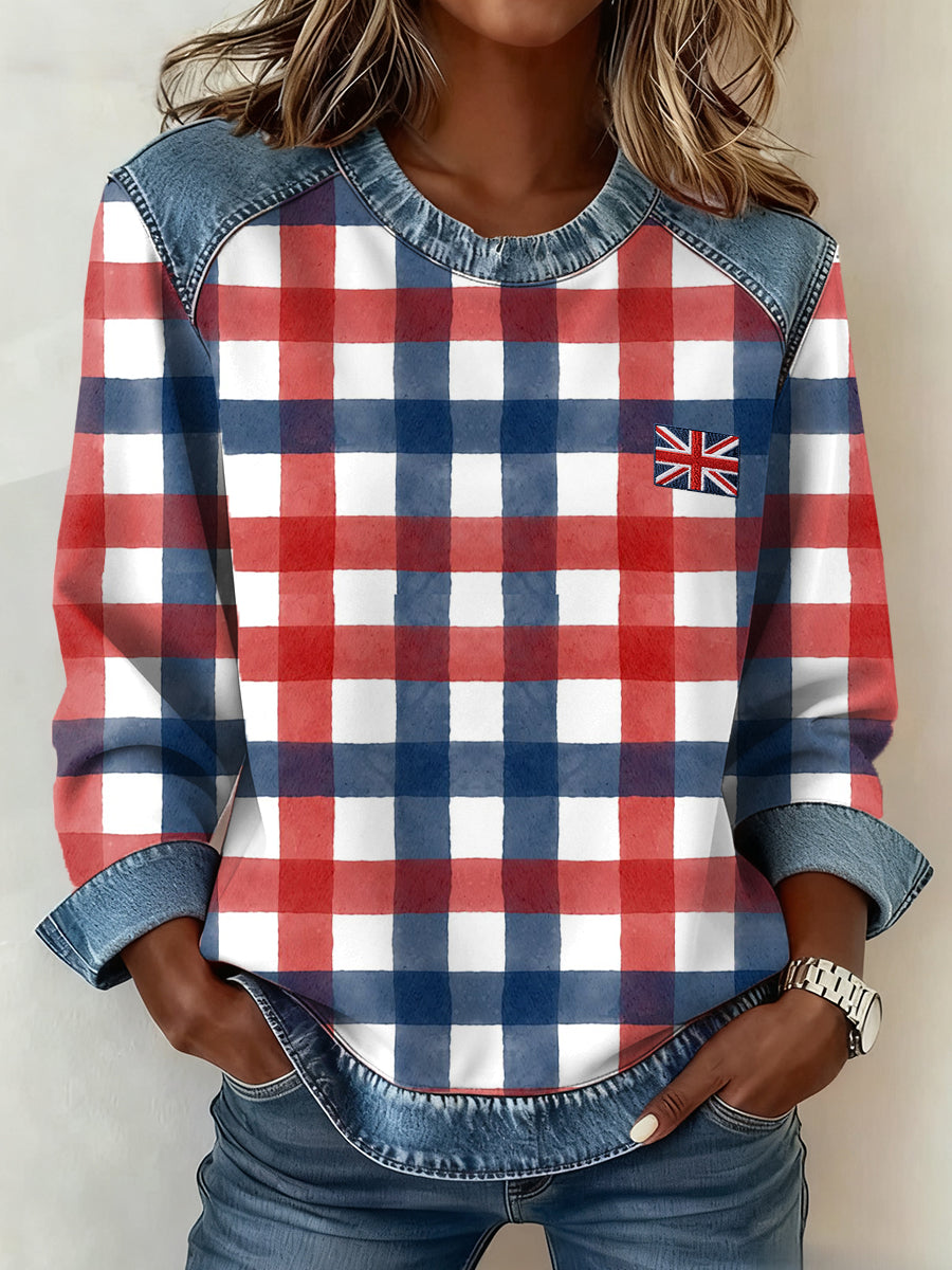 Women's British Style Inspired Plaid Pattern Patchwork Art Sweatshirt