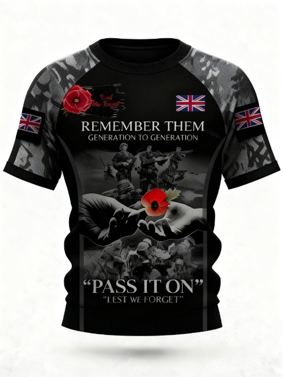 Men's 11th November Remembrance Day LEST WE'S FORGET Poppy Remembrance T-shirt