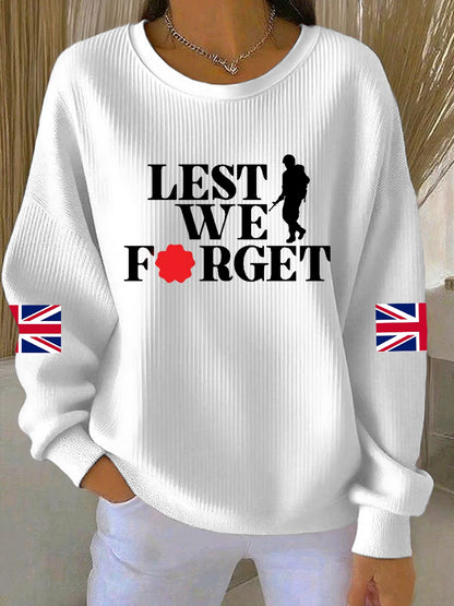 Women's 11th November Remembrance Day LEST WE'S FORGET Poppy Remembrance Ribbed Round-Neck Sweatshirt