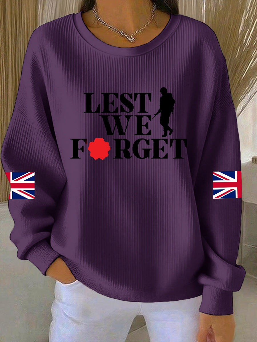 Women's 11th November Remembrance Day LEST WE'S FORGET Poppy Remembrance Ribbed Round-Neck Sweatshirt