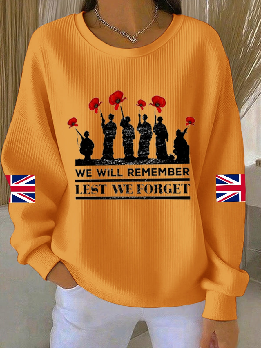 Women's 11th November Remembrance Day LEST WE'S FORGET Poppy Remembrance Ribbed Round-Neck Sweatshirt