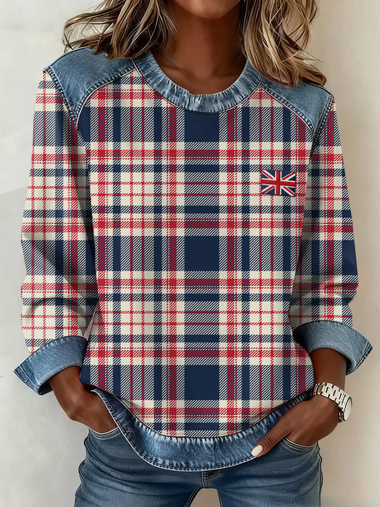 Women's British Style Inspired Plaid Pattern Patchwork Art Sweatshirt