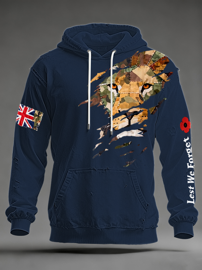 Men's British Lion Lest We Forget Oversized Drop-Shoulder Hoodie with Pockets