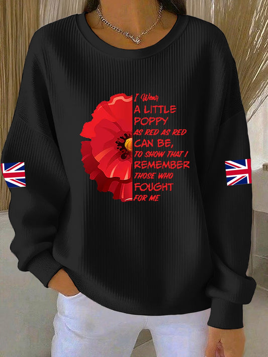 Women's 11th November Remembrance Day LEST WE'S FORGET Poppy Remembrance Ribbed Round-Neck Sweatshirt
