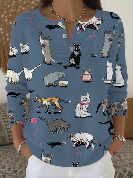 Women's Playful Cat Scene Print Henley Sweater