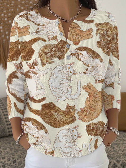 Women's Cute Multi - Cat Print Henley Sweater