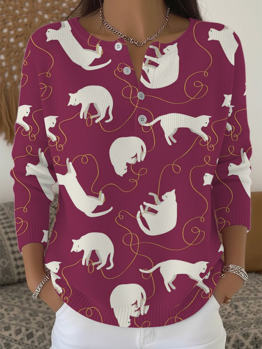 Women's Trendy White Cat & Swirl Print Henley Sweater
