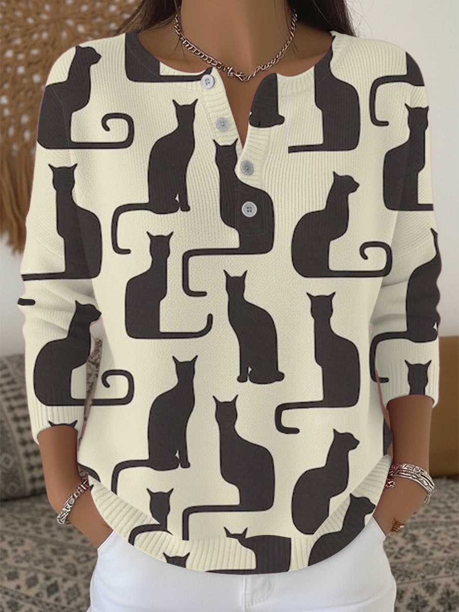 Women's Classic Cat Silhouette Print Henley Sweater
