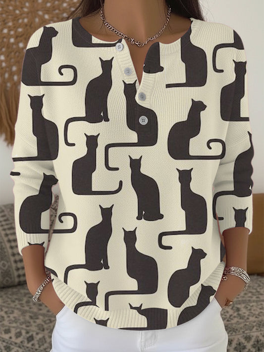 Women's Classic Cat Silhouette Print Henley Sweater