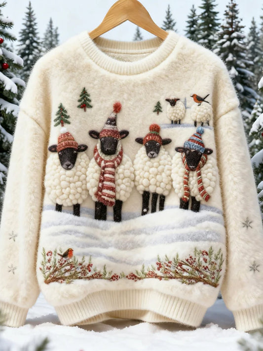 Women's Retro Christmas Animal Art Print Comfortable Flannel Sweatshirt