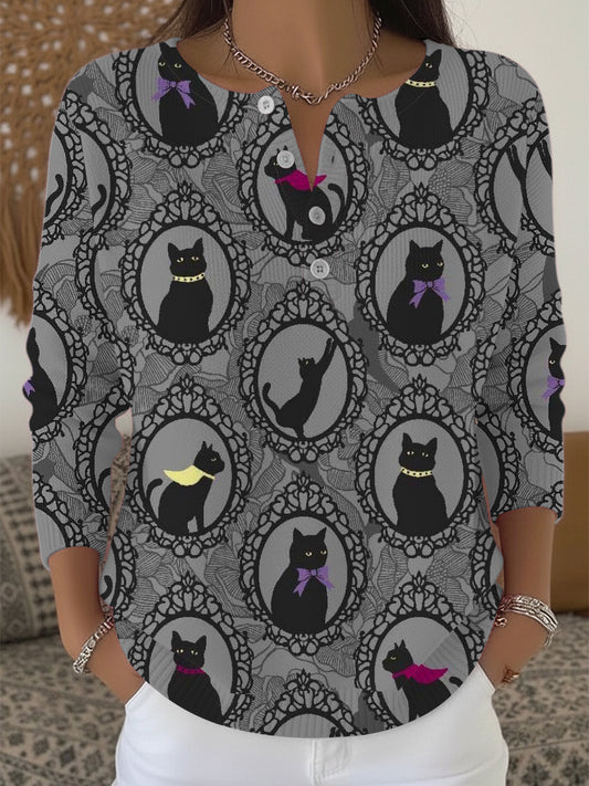 Women's Elegant Black Cat Frame Print Henley Sweater