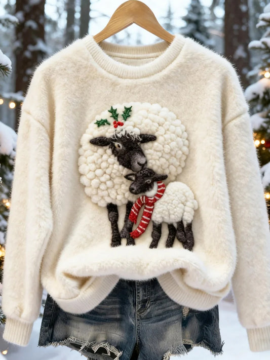 Women's Retro Christmas Animal Art Print Comfortable Flannel Sweatshirt