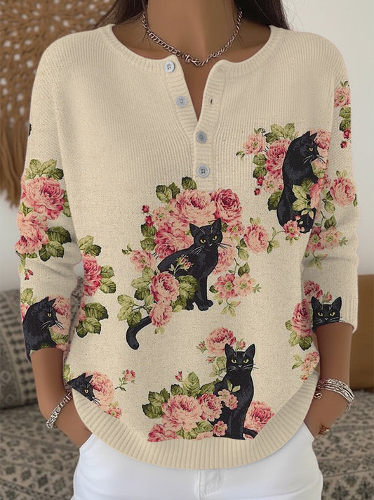Women's Romantic Cat & Rose Print Henley Sweater