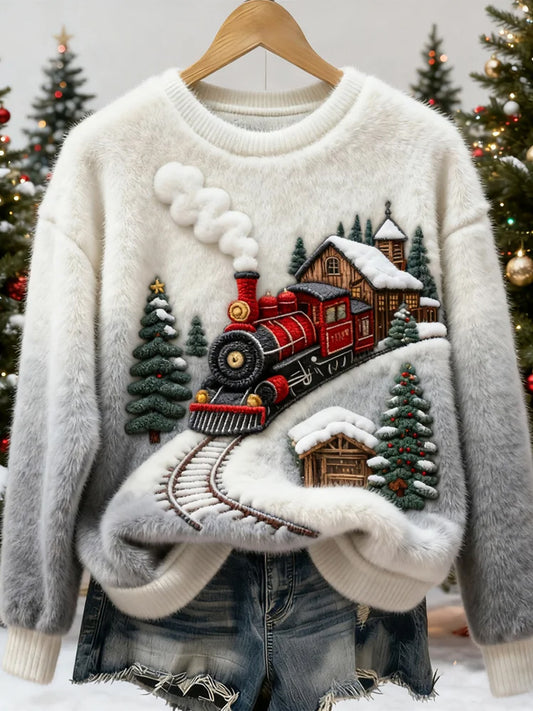 Women's Retro Christmas Animal Art Print Comfortable Flannel Sweatshirt