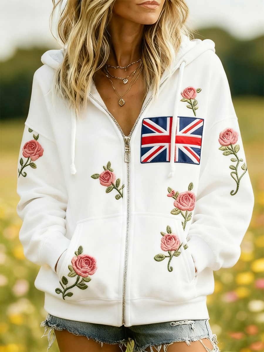Women's british flag flower Zip-Up Hoodie