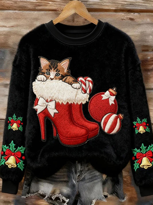 Women's Christmas Cute Cat  Art Flannel Sweatshirt