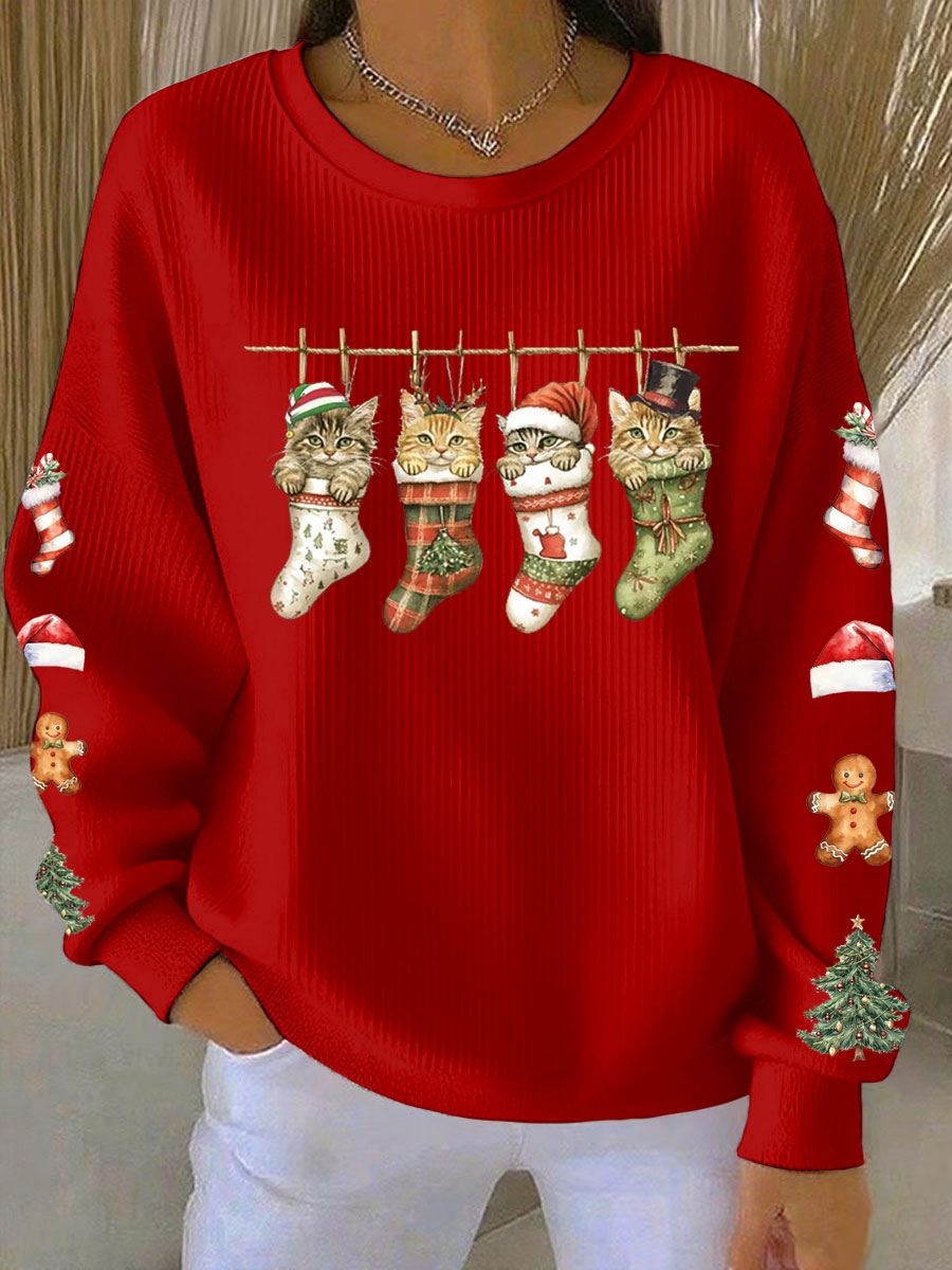 Women's Four Christmas cat print Ribbed Round-Neck Sweatshirt
