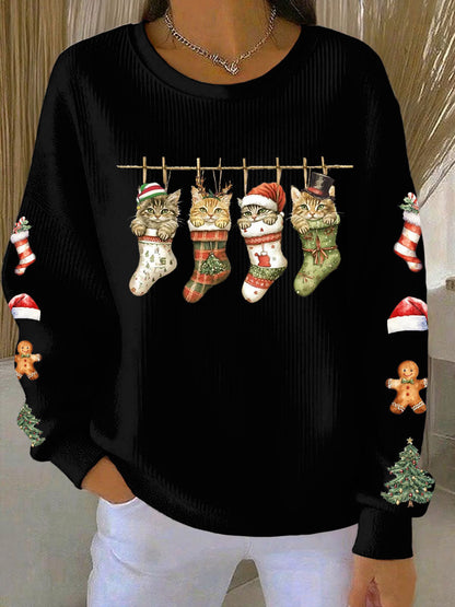 Women's Four Christmas cat print Ribbed Round-Neck Sweatshirt