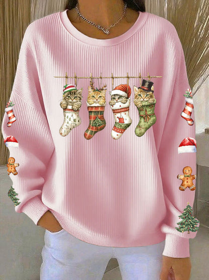 Women's Four Christmas cat print Ribbed Round-Neck Sweatshirt