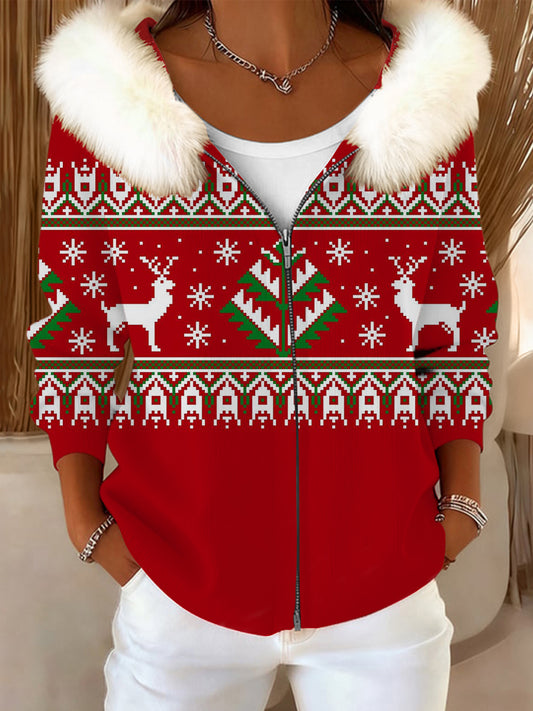 Women's Festive Red Reindeer & Tree Print Fur Collar Jacket
