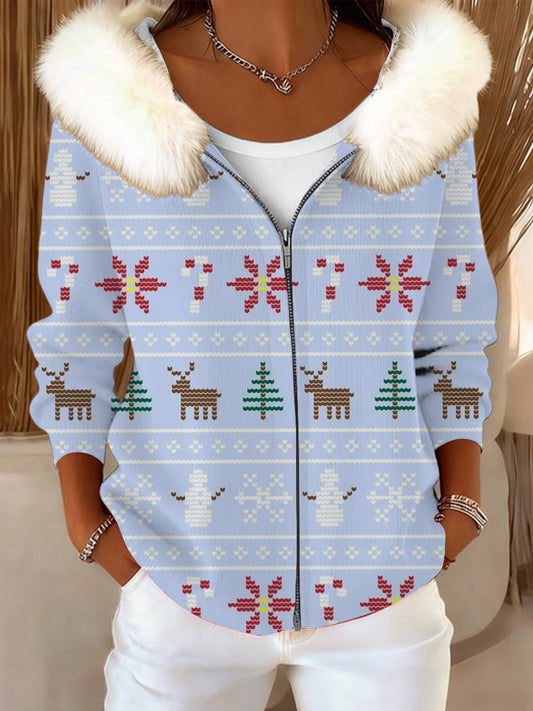 Women's Adorable Snowman & Reindeer Print Fur Collar Jacket