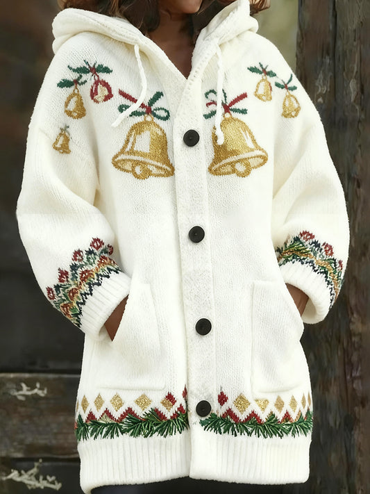 Women's Retro Christmas Art Print Casual Comfort Knitted Hooded Cardigan