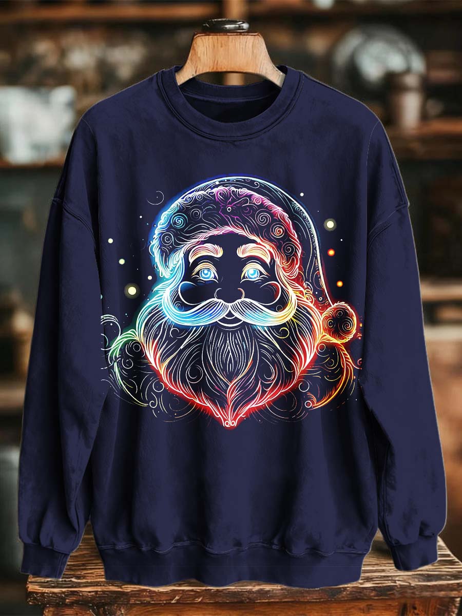 Fluorescent Santa Claus Print Casual Crewneck Sweatshirt